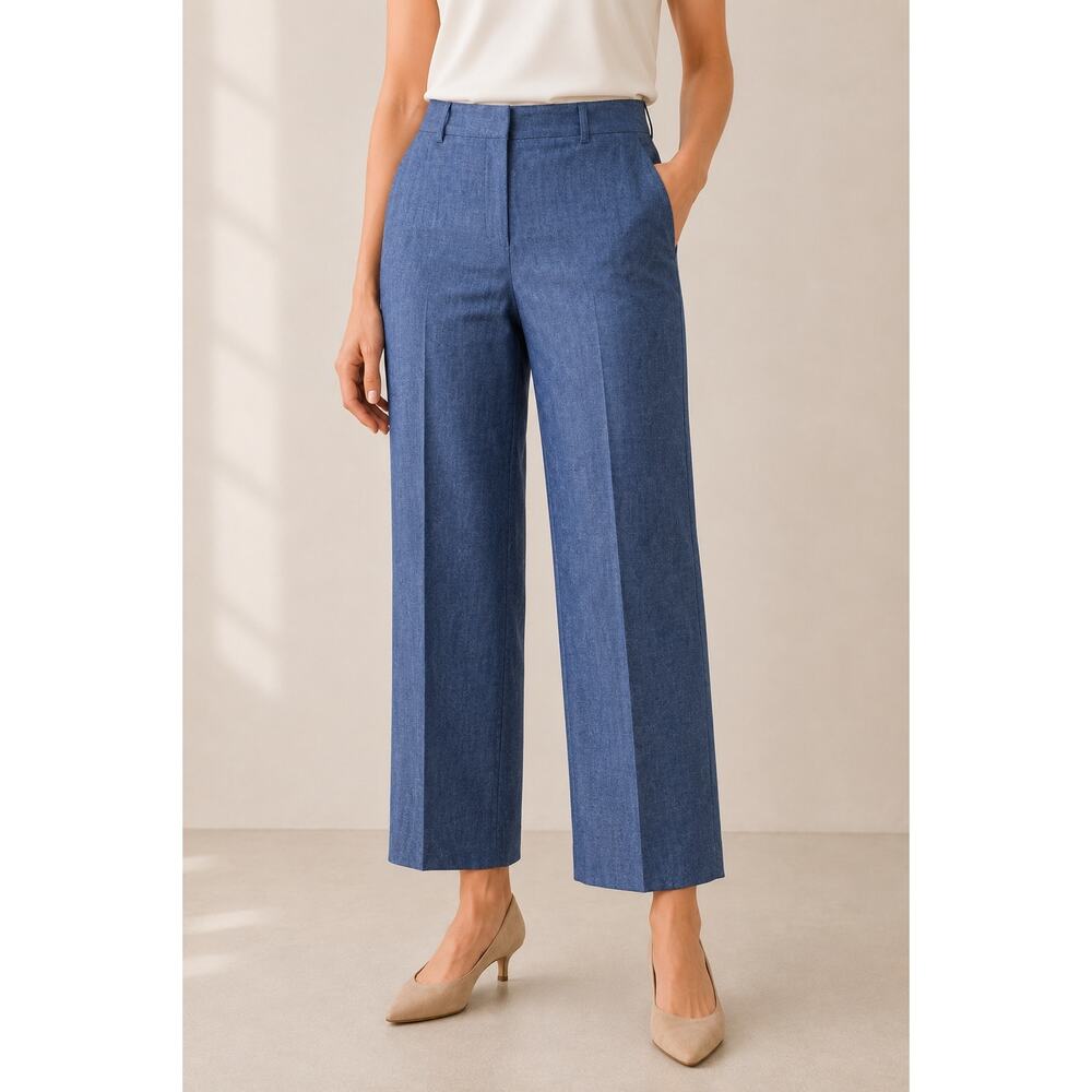 Lafayette 148 New York Size 14 Chambray Blue Cropped Linen Blend Pants Straight